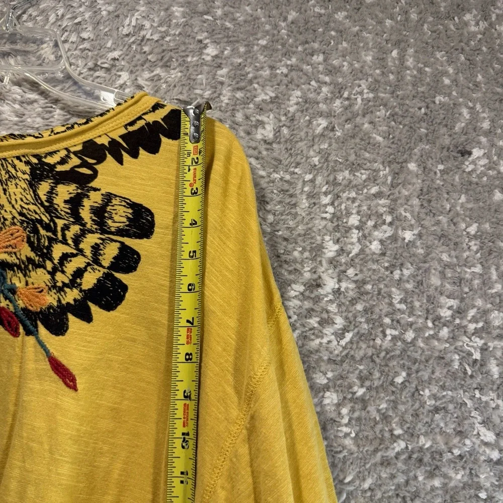 Free People Soak Up The Sun Yellow Eagle Embroidered Tee XS Boho Oversized